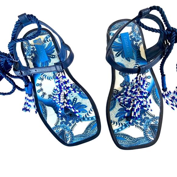 Farm Rio Blue Beaded Flat Lace Up Sandals White Vacation Size 6 NEW WITHOUT BOX - Picture 1 of 16